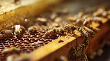 Working Honeybees on a Frame with Honeycomb Making Honey Close Up photo