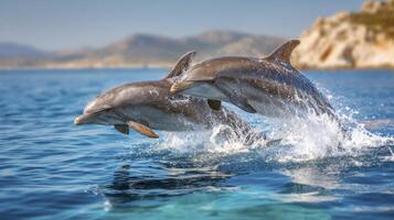 Two Dolphins Jumping From the Ocean Creating Splashing Water Drops photo