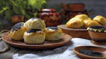 Serving of Uzbek Bread with Black Sesame Seeds on Rustic Table photo