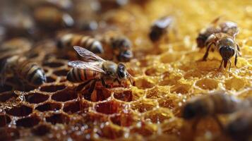 Bees Working on Honeycomb Frames in Hive Close Up View photo