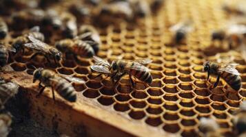 Bees on Honeycomb Frame Closeup Working Together in Apiary photo
