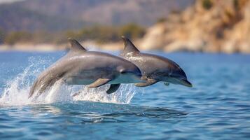 Two Dolphins Jumping From the Water in Coastal Scene with Splashes photo