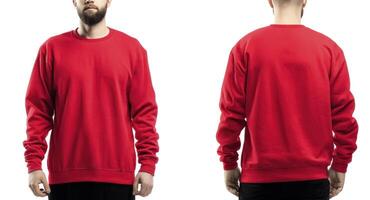 Man Wearing Red Sweatshirt Showing Front and Back Isolated on White photo