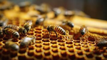 Honeybees Working on Honeycomb Frame Inside Beehive Structure Closeup photo