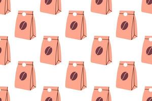 Minimalistic repeat pattern featuring brown and pink coffee bean bags isolated on a clean white background vector