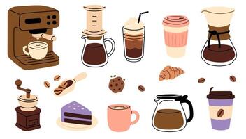 Various coffee brewing tools with mugs, cakes, cookies and beans on clean white background vector