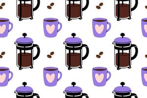 Seamless pattern featuring French presses, coffee mugs, and scattered coffee beans on a white background vector