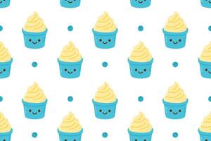 Seamless background with cute blue ice cream with happy expressions and yellow frosting on white vector