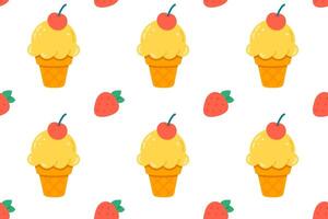 Pattern with yellow ice cream cones and scattered strawberries on white background in cheerful summer design vector