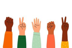 Various human hands raised with different finger gestures and skin tones showing inclusivity vector