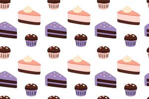 Pattern with assorted cake slices and cupcakes in pastel tones on white background vector