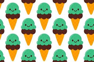 Seamless pattern with green mint ice cream cones dipped in chocolate, arranged on a white background vector