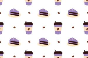 Seamless pattern with purple cakes, coffee cups and beans on white background vector