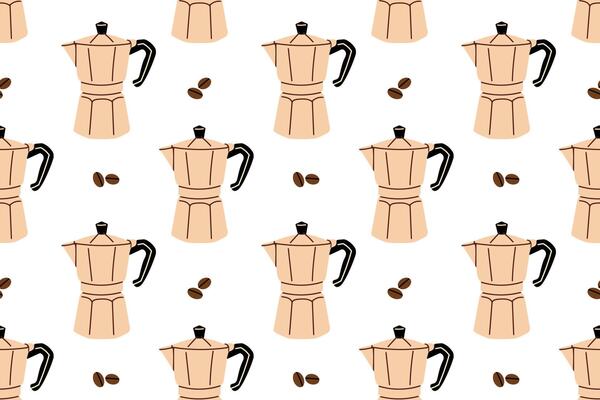 Repeating pattern featuring traditional moka coffee pots in a simple layout on a clean white background