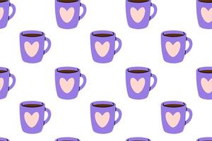Seamless pattern with purple mugs decorated with heart shapes vector