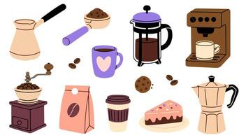 Coffee set with various items with coffee makers, mugs, grinder, spoon, beans, and slice of cake on a white background vector