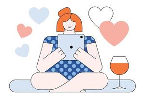Relaxed Redhead with Tablet in Lotus Pose among Hearts and Wine vector