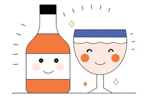 Bottle and Glass Cartoon Characters Smiling with Outline vector