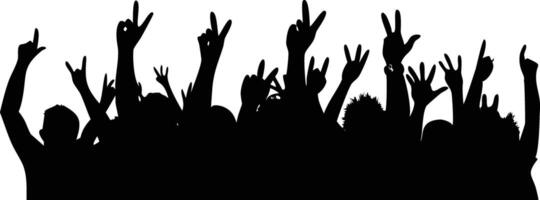 Silhouette of diverse crowd hands up gesturing in excitement vector