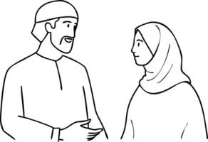 Line art of Arab man and woman with hijab having conversation vector