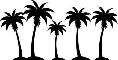 Black silhouettes of five palm trees scenery view vector