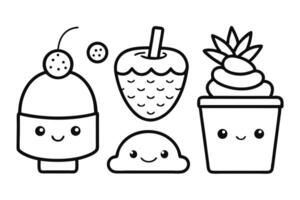 Cute Desserts Characters Outline Style, Cupcake Strawberry, vector