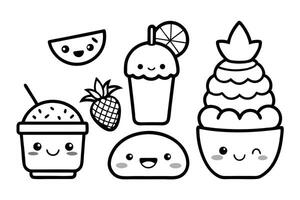 Cute Outlined Kawaii Food with Faces, Watermelon, Pineapple, Smoothie and Dessert vector