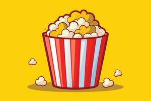 Full Cartoon Popcorn Bucket with Red and White Stripes on Yellow Background vector