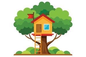 Flat of yellow treehouse with ladder and red flag on white background vector