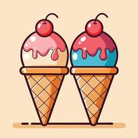 Two Ice Cream Cones with Cherries, Cartoon Style, Retro Colors and Simple Design vector
