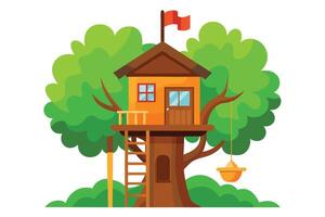 Cartoon Treehouse Ladder, Red Flag, Swing With Tree and Green Foliage vector