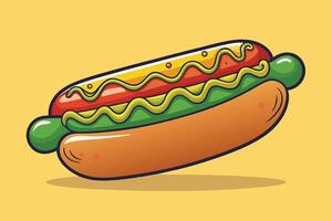 Cartoon Hotdog with Ketchup, Pickles, and Mustard on Yellow Background vector