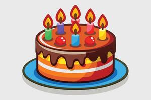 Layered Cake with Chocolate Drip, Colorful Candles, and Red Balls on a Blue Plate vector