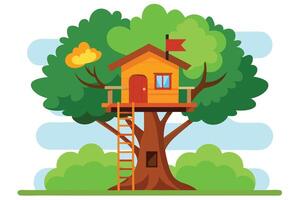 Elevated Treehouse with Flag, Ladder, and Green Foliage on White vector