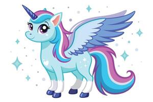 Light Blue Unicorn with Wings, Horn, Colorful Mane and Tail on White Background vector