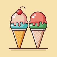 Two Cartoon Ice Cream Cones with Cherry Topping on Light Yellow Background vector