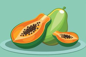 Papayas on Plate Whole, Halved, and Quartered with Seeds on Turquoise Surface vector
