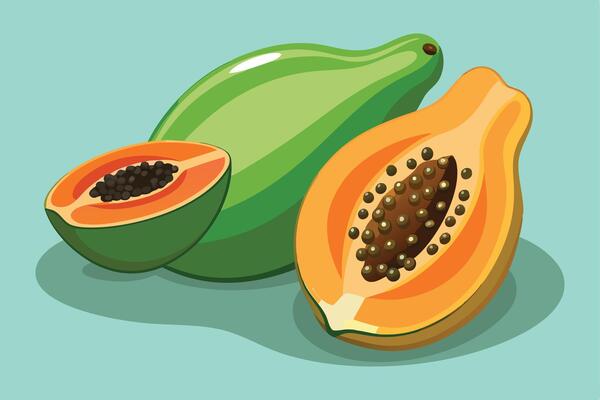 Fresh Whole and Halved Papayas with Seeds on Teal Background