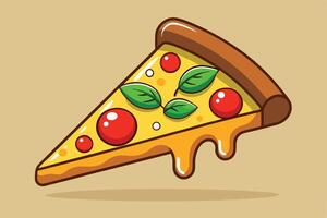 Cartoon Pizza Slice Icon with Cheese Dripping, Tomato, and Basil on Beige Background vector