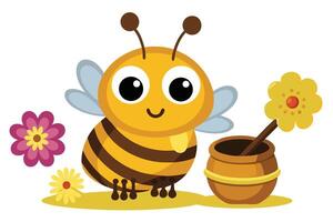 Smiling Honeybee Cartoon Character with Pot of Honey and Flowers on White vector