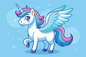 Smiling Winged Unicorn with Blue Mane and Pink Tail Standing on Blue Backdrop vector
