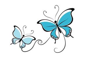 Two Blue Butterflies with Black Contour Wings Pattern Design on White Background vector