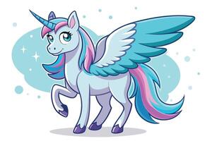 Standing Unicorn With Wings, Horn, Colorful Mane and Tail on White Background vector