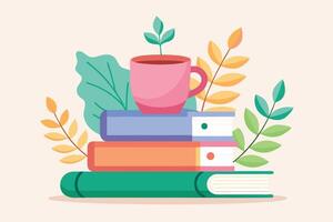 Flat Stacked Books with Mug and Leafy Branches Design vector