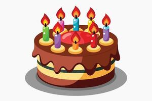Cartoonish Layered Cake Topped With Red Glaze and Colorfully Lit Candles vector