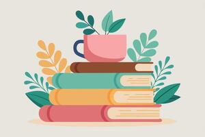 Stack of Colorful Books with Pink Coffee Cup and Leaves on Beige Background vector