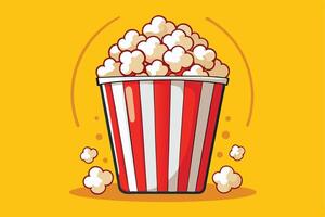 Bucket Full of Fresh Popcorn with Red and White Stripes On A Yellow Background vector