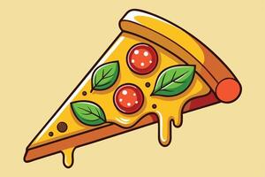Slice of Pizza Cartoon with Sausage and Basil on Beige Background vector