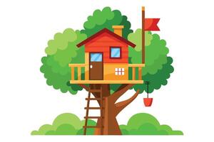 Playful Treehouse with Ladder, Red Flag, and Hanging Bucket on White Background vector