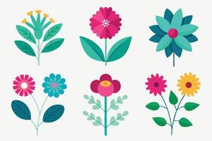 Collection of colorful flat flowers with leaves on a white background elements vector